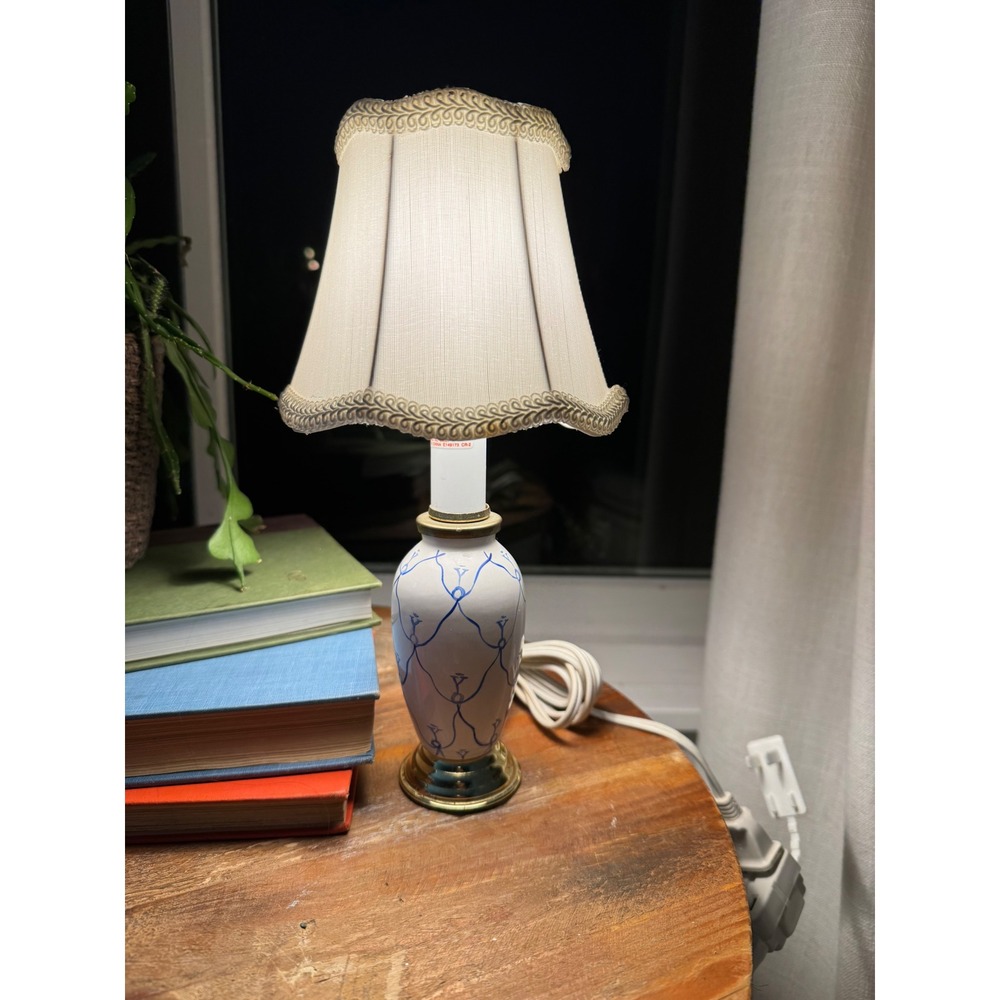 Vintage Blue and White Ceramic Mini Accent Lamp Brass Base Small Table Light